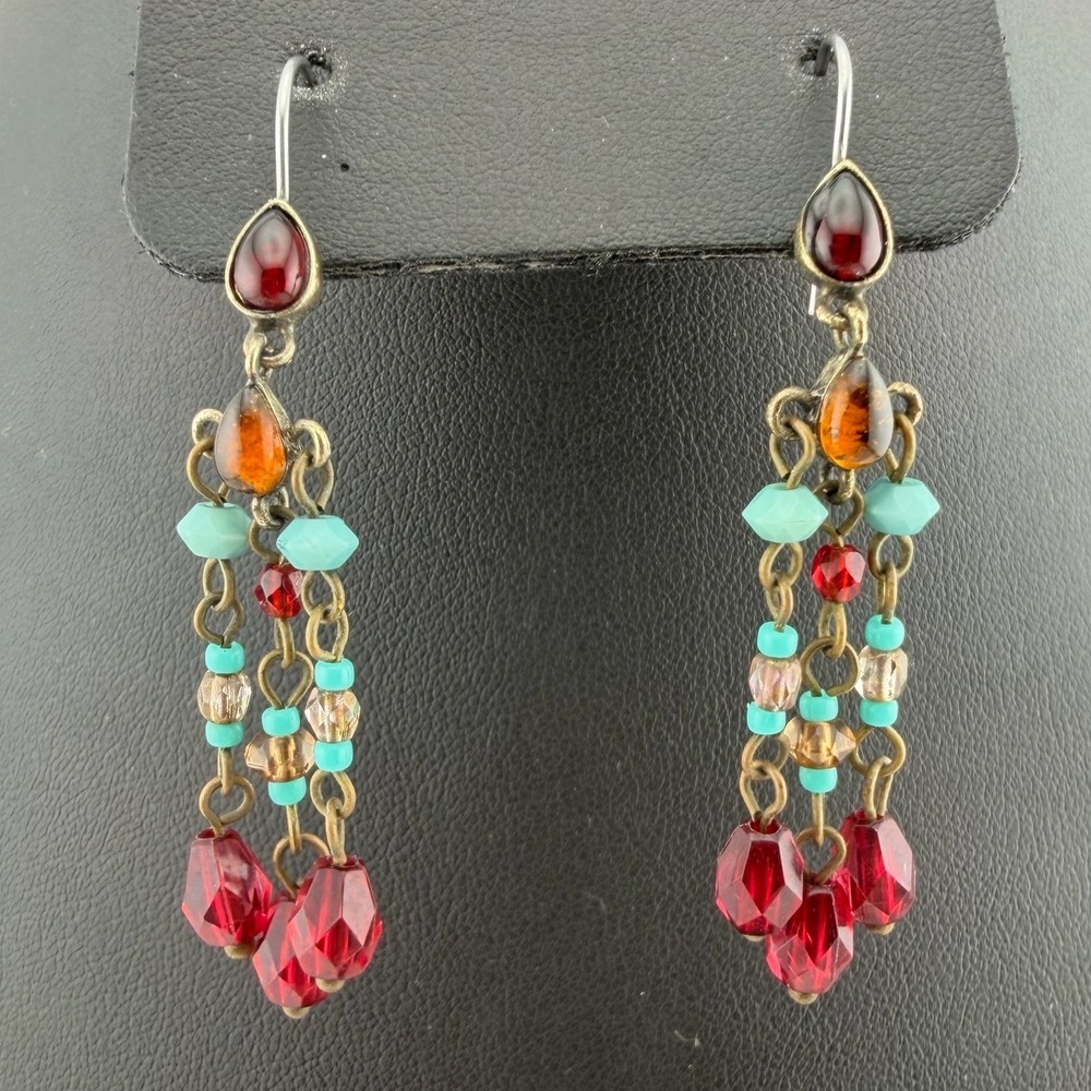 Liz Claiborne Red Turquoise Chandelier Dangle Drop Earrings Boho LC